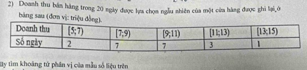 Doanh thu bán hàng trong 20 ngày được lựa chọn ngẫu nhiên của một cửa hàng được ghi lại ở
bảng sau (đơn vị: triệu đồn
tây tìm khoảng tứ phân vị của mẫu số liệu trên