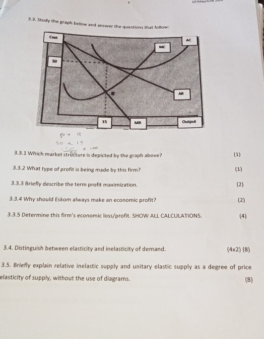 GP/May/June 
3.3. Study the graph below and answer the questions that follow: 
3.3.1 Which market structure is depicted by the graph above? (1) 
3.3.2 What type of profit is being made by this firm? (1) 
3.3.3 Briefly describe the term profit maximization. (2) 
3.3.4 Why should Eskom always make an economic profit? (2) 
3.3.5 Determine this firm’s economic loss/profit. SHOW ALL CALCULATIONS. (4) 
3.4. Distinguish between elasticity and inelasticity of demand. (4* 2)(8
3.5. Briefly explain relative inelastic supply and unitary elastic supply as a degree of price 
elasticity of supply, without the use of diagrams. (8)