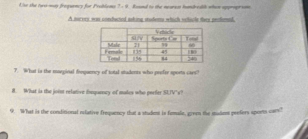 Use the two-way frequency for Problems ? - 9. Round to the nearest hundreath when approprame 
A survey was conducted asking students which vehicle they peefennd. 
7. What is the marginal frequency of total students who prefer sports cars? 
8. What is the joint relative frequency of males who prefer SUV’s? 
9. What is the conditional relative frequency that a student is female, given the student prefers sports cars?