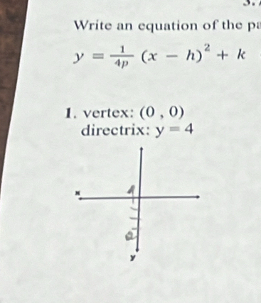 Write an equation of the pa
y= 1/4p (x-h)^2+k
1. vertex: (0,0)
directrix: y=4