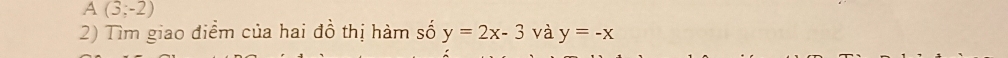 A (3;-2)
2) Tìm giao điểm của hai đồ thị hàm số y=2x-3 và y=-x