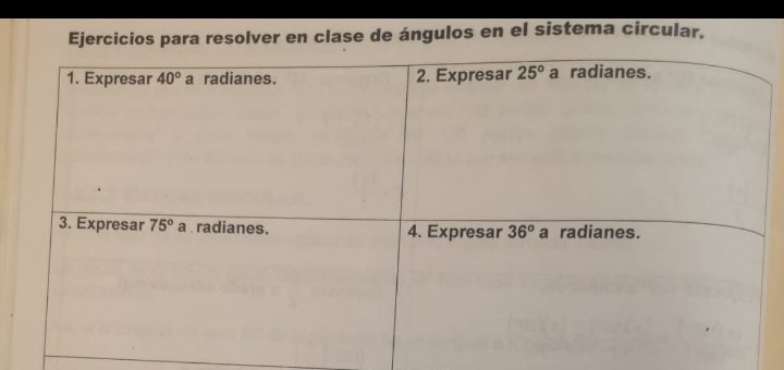 Ejercicios para resolver en clase de ángulos en el sistema circular.