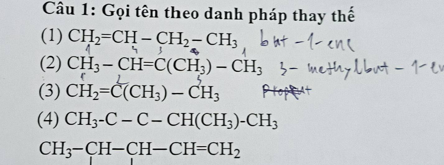 Gọi tên theo danh pháp thay thế 
(1) CH_2=CH-CH_2-CH_3
3 
(2) CH_3-CH=C(CH_3)-CH_3
(3) CH_2=C(CH_3)-CH_3
(4) CH_3-C-C-CH(CH_3)-CH_3
CH_3-CH-CH-CH=CH_2