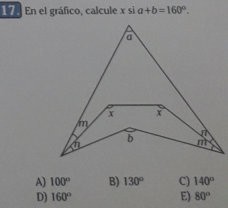 En el gráfico, calcule x s a+b=160°.
A) 100° B) 130° C) 140°
D) 160° E) 80°