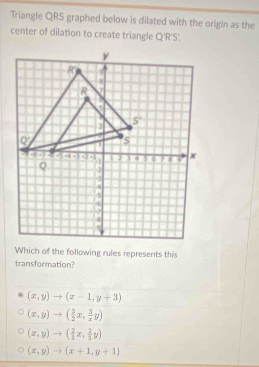 Triangle QRS graphed below is dilated with the origin as the
center of dilation to create triangle Q'R'S'
Which of the following rules represents this
transformation?
(x,y)to (x-1,y+3)
(x,y)to ( 3/2 x, 3/x y)
(x,y)to ( 2/3 x, 2/3 y)
(x,y)to (x+1,y+1)