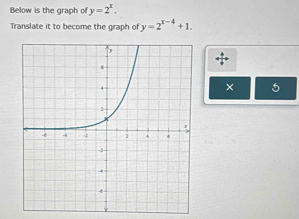 Below is the graph of y=2^x. 
Translate it to become the graph of y=2^(x-4)+1. 
×