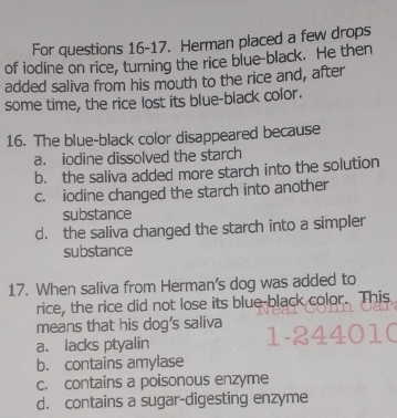 For questions 16-17. Herman placed a few drops
of iodine on rice, turning the rice blue-black. He then
added saliva from his mouth to the rice and, after
some time, the rice lost its blue-black color.
16. The blue-black color disappeared because
a. iodine dissolved the starch
b. the saliva added more starch into the solution
c. iodine changed the starch into another
substance
d. the saliva changed the starch into a simpler
substance
17. When saliva from Herman's dog was added to
rice, the rice did not lose its blue-black color. This
means that his dog's saliva
a. lacks ptyalin
b. contains amylase
c. contains a poisonous enzyme
d. contains a sugar-digesting enzyme