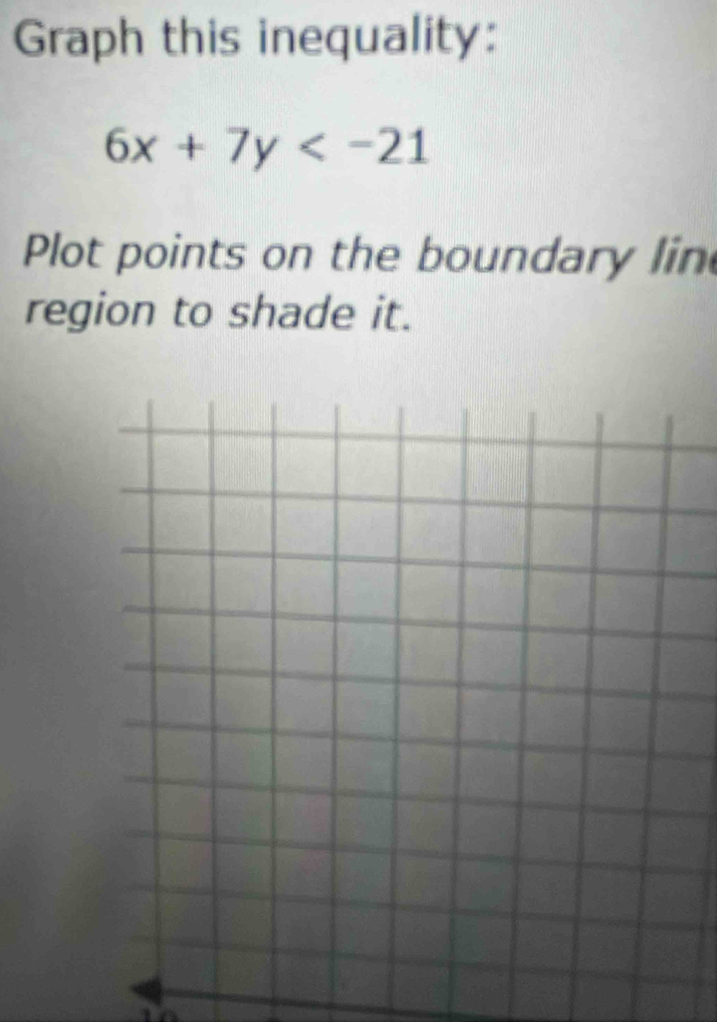 Graph this inequality:
6x+7y
Plot points on the boundary lin 
region to shade it.