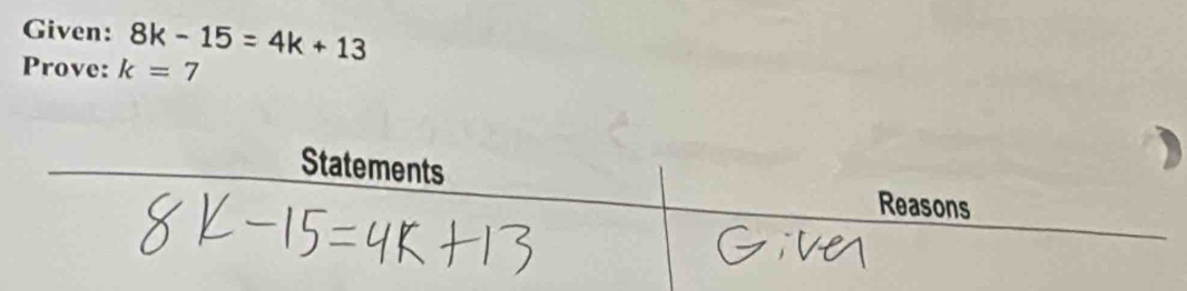 Given: 8k-15=4k+13
Prove: k=7