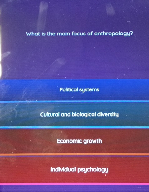 What is the main focus of anthropology?
Political systems
Cultural and biological diversity
Economic growth
Individual psychology