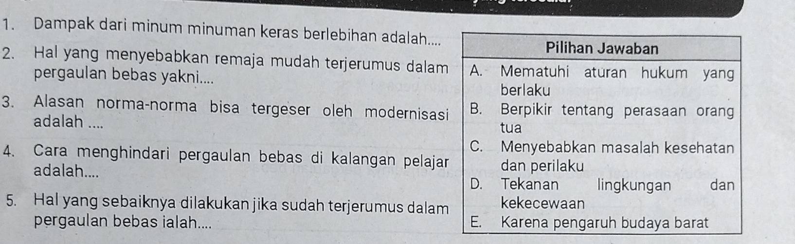 Dampak dari minum minuman keras berlebihan adalah.... 
2. Hal yang menyebabkan remaja mudah terjerumus dalam 
pergaulan bebas yakni.... 
3. Alasan norma-norma bisa tergeser oleh modernisas 
adalah .... 
4. Cara menghindari pergaulan bebas di kalangan pelaja 
adalah.... 
5. Hal yang sebaiknya dilakukan jika sudah terjerumus dalam 
pergaulan bebas ialah....