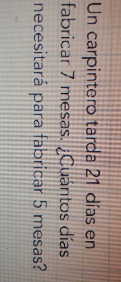 Un carpintero tarda 21 días en 
fabricar 7 mesas. ¿Cuántos días 
necesitará para fabricar 5 mesas?