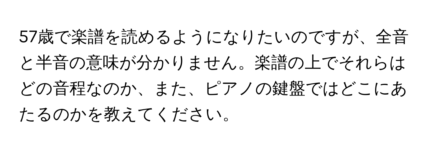 57歳で楽譜を読めるようになりたいのですが、全音と半音の意味が分かりません。楽譜の上でそれらはどの音程なのか、また、ピアノの鍵盤ではどこにあたるのかを教えてください。