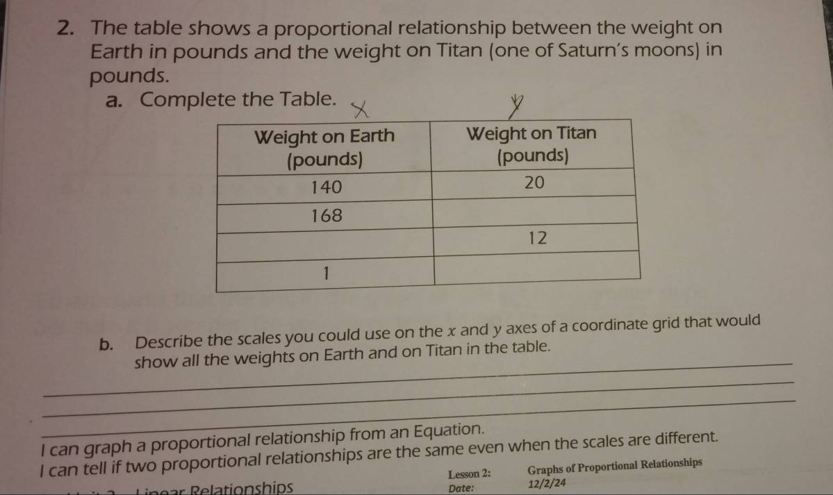 The table shows a proportional relationship between the weight on 
Earth in pounds and the weight on Titan (one of Saturn’s moons) in
pounds. 
a. Complete the Table. 
b. Describe the scales you could use on the x and y axes of a coordinate grid that would 
_ 
show all the weights on Earth and on Titan in the table. 
_ 
_ 
I can graph a proportional relationship from an Equation. 
l can tell if two proportional relationships are the same even when the scales are different. 
elationships Lesson 2: Graphs of Proportional Relationships 
Date: 12/2/24