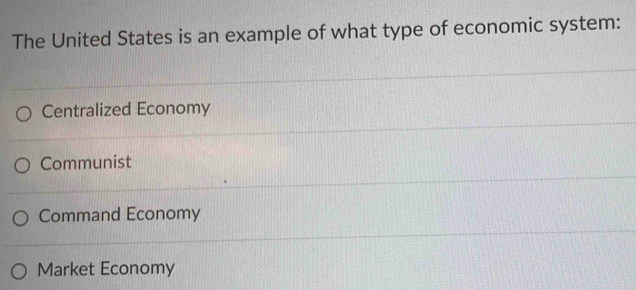 The United States is an example of what type of economic system:
Centralized Economy
Communist
Command Economy
Market Economy