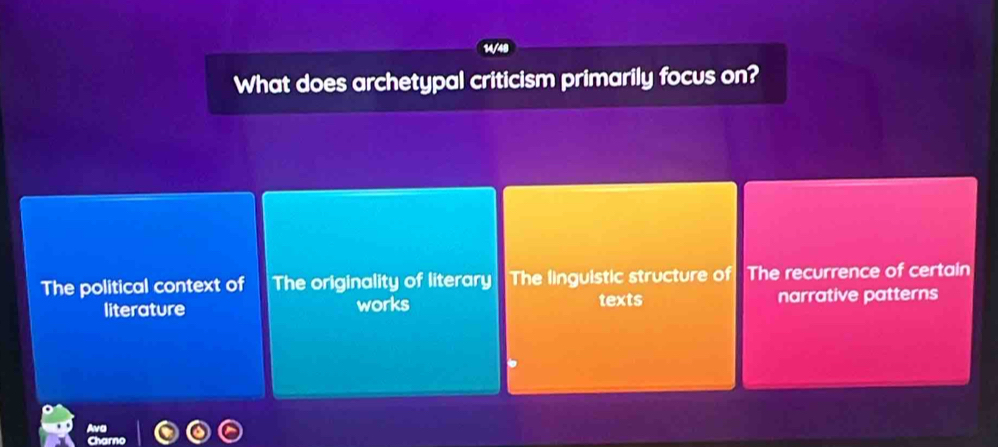 What does archetypal criticism primarily focus on?
The political context of The originality of literary The linguistic structure of The recurrence of certain
literature works texts narrative patterns