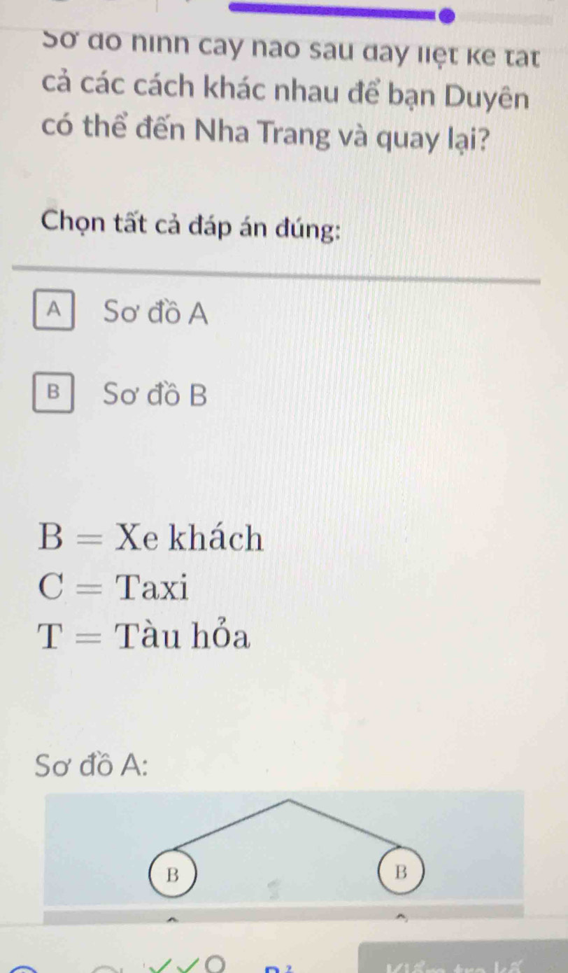 Sơ do ninh cay nao sau đay liệt ke tất
cả các cách khác nhau để bạn Duyên
có thể đến Nha Trang và quay lại?
Chọn tất cả đáp án đúng:
A Sơ đồ A
B Sơ đồ B
B= Xe khách
C= Taxi
T= Tàu hỏa
Sơ đồ A :
B
B