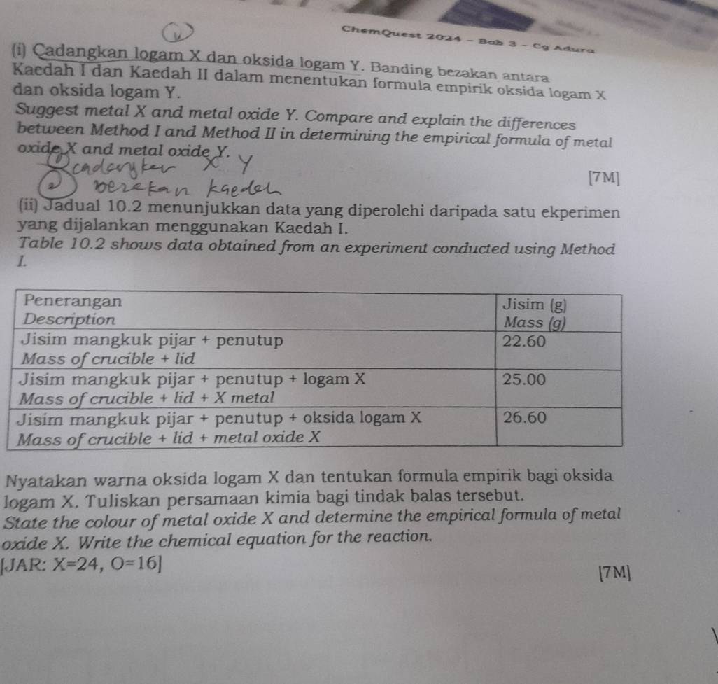 ChemQuest 2024 - Bab 3 - Cg Adura 
(i) Çadangkan logam X dan oksida logam Y. Banding bezakan antara 
Kaedah I dan Kaedah II dalam menentukan formula empirik oksida logam X
dan oksida logam Y. 
Suggest metal X and metal oxide Y. Compare and explain the differences 
between Method I and Method II in determining the empirical formula of metal 
oxide X and metal oxide Y. 
[7M] 
(ii) Jadual 10.2 menunjukkan data yang diperolehi daripada satu ekperimen 
yang dijalankan menggunakan Kaedah I. 
Table 10.2 shows data obtained from an experiment conducted using Method 
1 
Nyatakan warna oksida logam X dan tentukan formula empirik bagi oksida 
logam X. Tuliskan persamaan kimia bagi tindak balas tersebut. 
State the colour of metal oxide X and determine the empirical formula of metal 
oxide X. Write the chemical equation for the reaction. 
|JAR: X=24, O=16]
[7M]