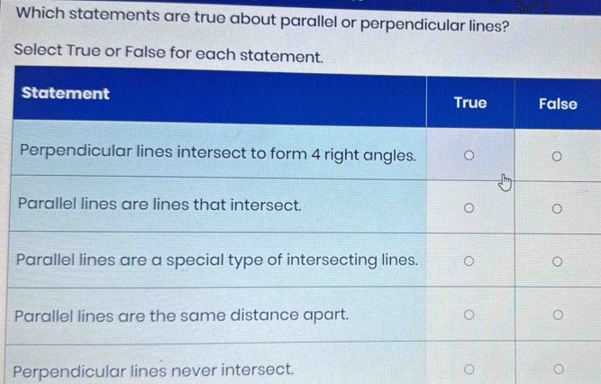 Which statements are true about parallel or perpendicular lines?
Select True or False for each sta
Perpendicular lines never intersect.