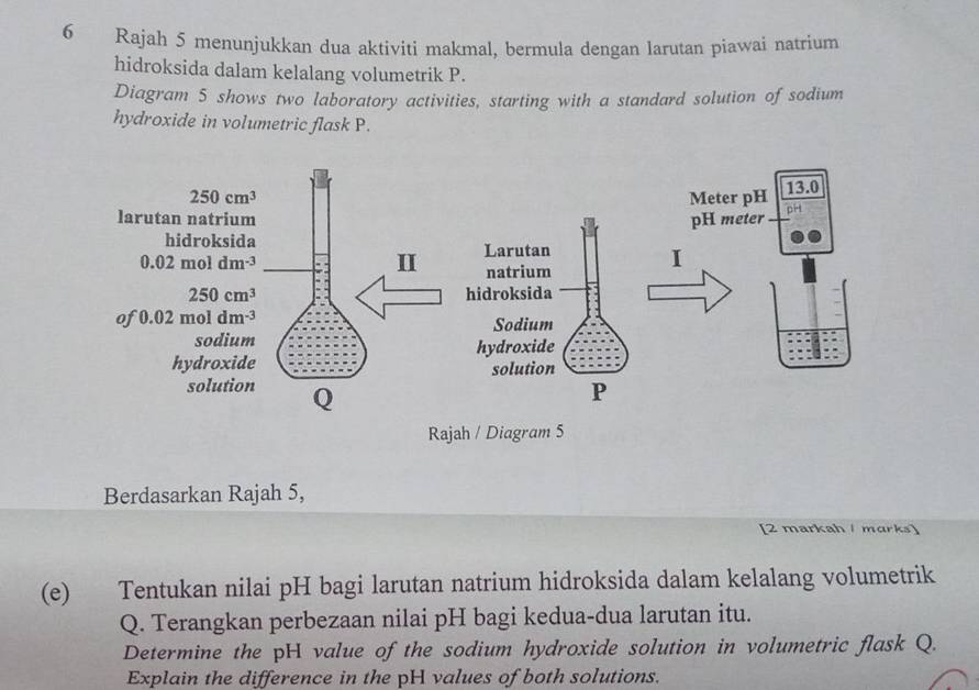 Rajah 5 menunjukkan dua aktiviti makmal, bermula dengan larutan piawai natrium 
hidroksida dalam kelalang volumetrik P. 
Diagram 5 shows two laboratory activities, starting with a standard solution of sodium 
hydroxide in volumetric flask P.
250cm^3
larutan natrium 
hidroksida
0.02moldm^(-3)
I
250cm^3
of 0.02moldm^(-3)
sodium 
hydroxide 
solution Q 
Rajah / Diagram 5 
Berdasarkan Rajah 5, 
[2 markah / marks] 
(e) Tentukan nilai pH bagi larutan natrium hidroksida dalam kelalang volumetrik 
Q. Terangkan perbezaan nilai pH bagi kedua-dua larutan itu. 
Determine the pH value of the sodium hydroxide solution in volumetric flask Q. 
Explain the difference in the pH values of both solutions.