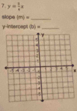 y= 3/4 x
slope (m)= _ 
y-intercept (b)= _
M