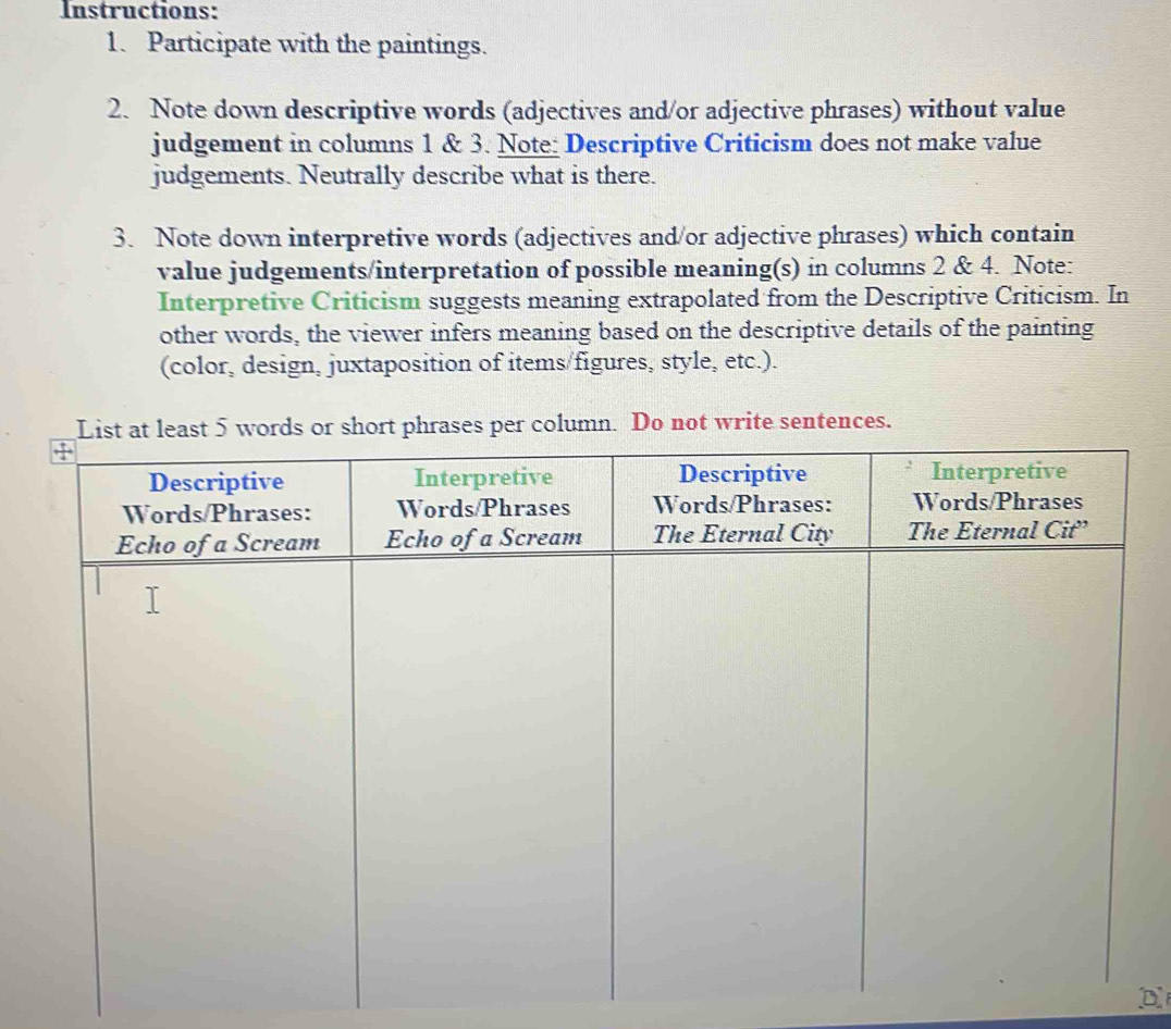 Instructions: 
1. Participate with the paintings. 
2. Note down descriptive words (adjectives and/or adjective phrases) without value 
judgement in columns 1 & 3. Note: Descriptive Criticism does not make value 
judgements. Neutrally describe what is there. 
3. Note down interpretive words (adjectives and/or adjective phrases) which contain 
value judgements/interpretation of possible meaning(s) in columns 2 & 4. Note: 
Interpretive Criticism suggests meaning extrapolated from the Descriptive Criticism. In 
other words, the viewer infers meaning based on the descriptive details of the painting 
(color, design, juxtaposition of items/figures, style, etc.). 
ds or short phrases per column. Do not write sentences. 
D