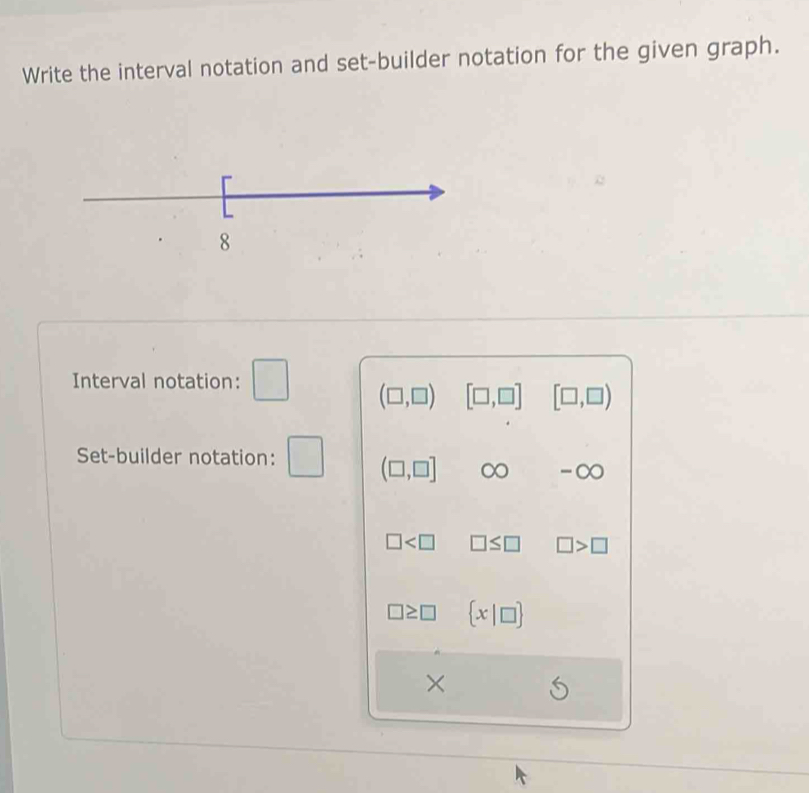 Write the interval notation and set-builder notation for the given graph. 
Interval notation: □ (□ ,□ ) [□ ,□ ] [□ ,□ )
Set-builder notation: □ (□ ,□ ] ∞ -∞
□ □ ≤ □ □ >□
□ ≥ □  x|□ 
×