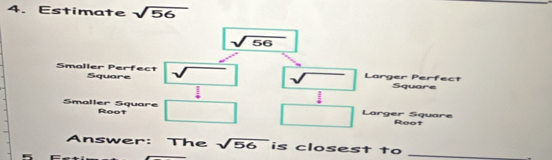 Estimate sqrt(56)
sqrt(56)
Smaller Perfect Larger Perfect
Square
frac overline 5 frac 4endarray 
Square
 3/4 
Smaller Square □ Larger Square
Root Root
□  □ 
Answer: The sqrt(56) is closest to
5 
_