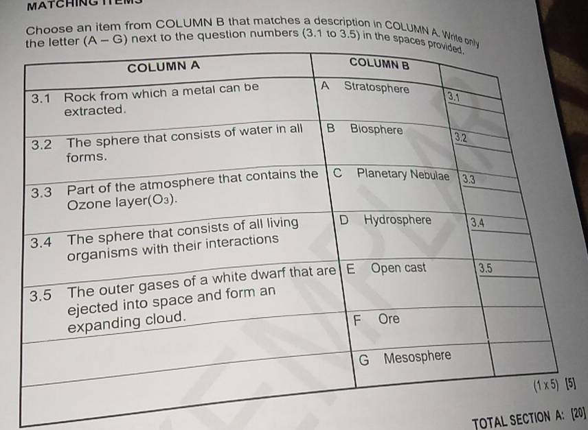 MATCHING TTEM
Choose an item from COLUMN B that matches a description in COLUMN A. Wr
e question numbers (3.1 to 3.5) in 
5]
TOTAL SECTION A: [20]