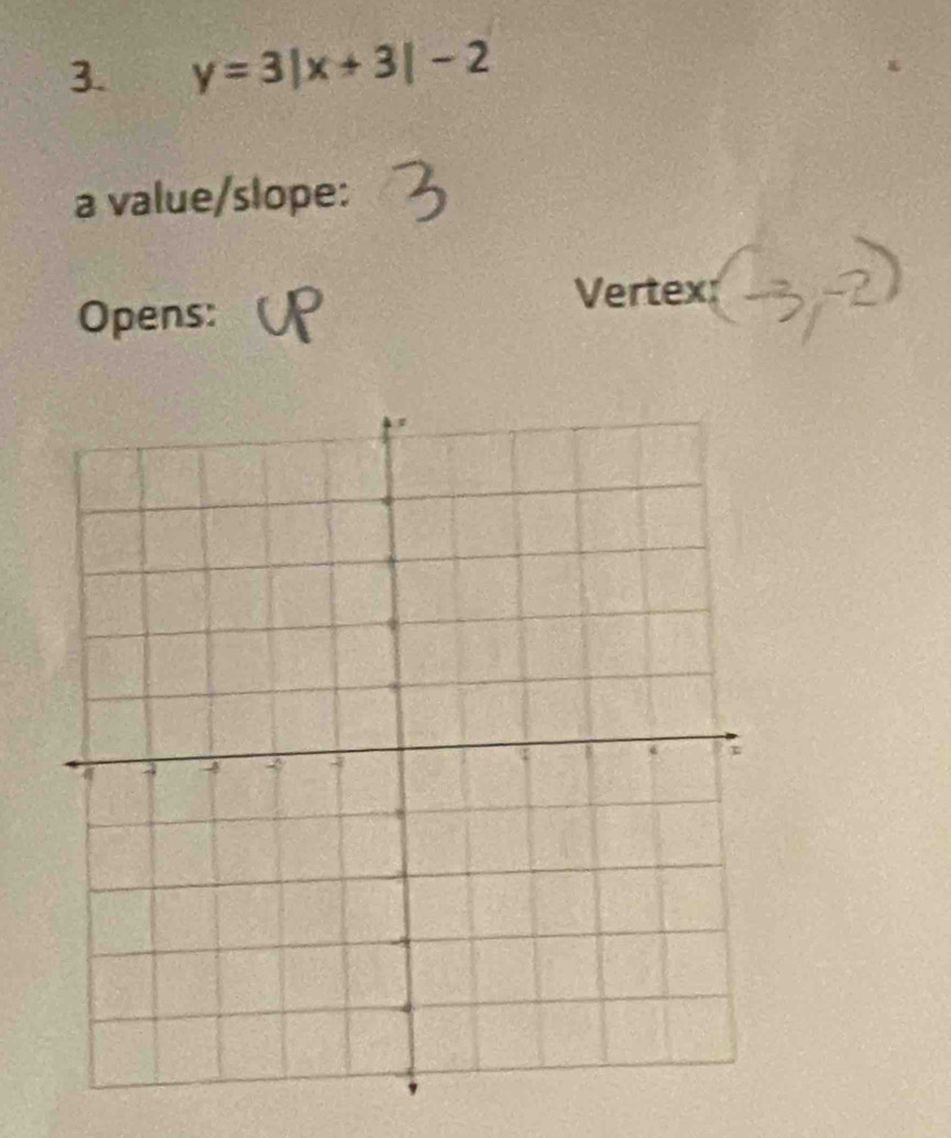 y=3|x+3|-2
a value/slope: 
Opens: 
Vertex