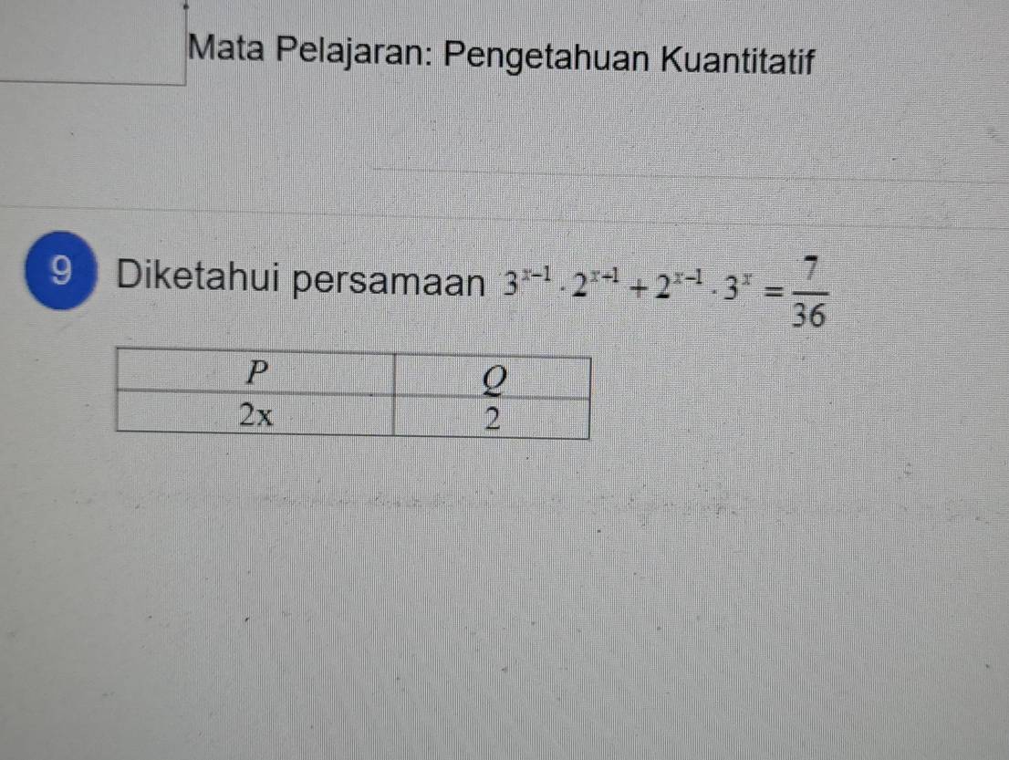 Mata Pelajaran: Pengetahuan Kuantitatif 
Diketahui persamaan 3^(x-1)· 2^(x+1)+2^(x-1)· 3^x= 7/36 