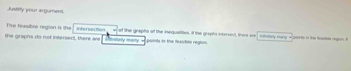 Justify your argument. 
The feasible region is the intersection of the graphs of the inequalities. If the graphs intersect, there are infinitely many 、 points in the feasible region. I 
the graphs do not intersect, there are infinitely many ν points in the feasible region.