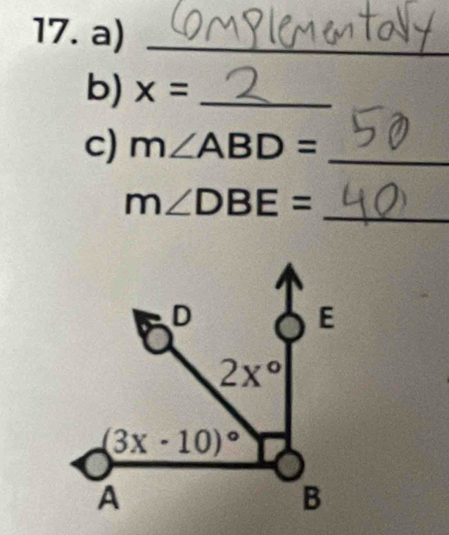 x= _
c) m∠ ABD= _
m∠ DBE=
_