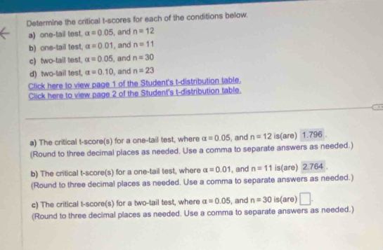 Determine the critical t-scores for each of the conditions below. 
a) one-tail test, alpha =0.05 , and n=12
b) one-tail test, alpha =0.01 , and n=11
c) two-tail test, alpha =0.05 , and n=30
d) two-tail test, alpha =0.10 , and n=23
Click here to view page 1 of the Student's t-distribution table. 
Click here to view page 2 of the Student's t-distribution table. 
a) The critical t-score(s) for a one-tail test, where alpha =0.05 , and n=12 is(are) 1.796. 
(Round to three decimal places as needed. Use a comma to separate answers as needed.) 
b) The critical t-score(s) for a one-tail test, where alpha =0.01 , and n=11 is(are) 2.764. 
(Round to three decimal places as needed. Use a comma to separate answers as needed.) 
c) The critical t-score(s) for a two-tail test, where alpha =0.05 , and n=30 is(are) □ 
(Round to three decimal places as needed. Use a comma to separate answers as needed.)