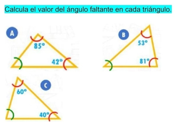 Calcula el valor del ángulo faltante en cada triángulo.