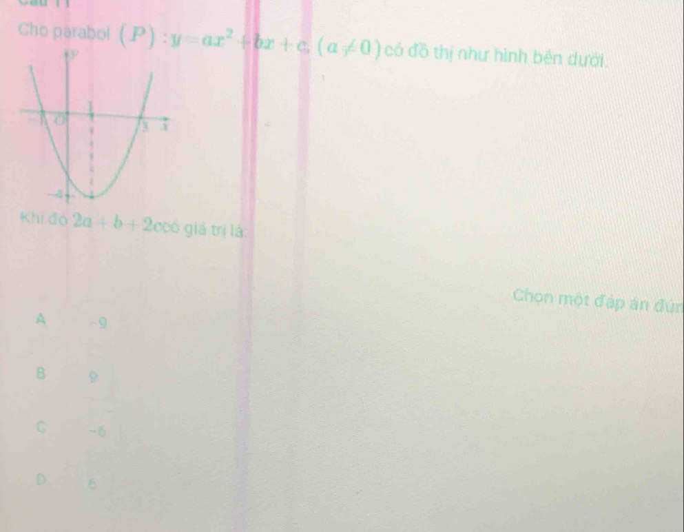 Cho parabol (P):y=ax^2+bx+c, (a!= 0) có đồ thị như hình bên dưới.
Khi đò 2a+b+2ccoglatrila : 
Chọn một đáp án đún
A -9
B 9
C -6
D 6