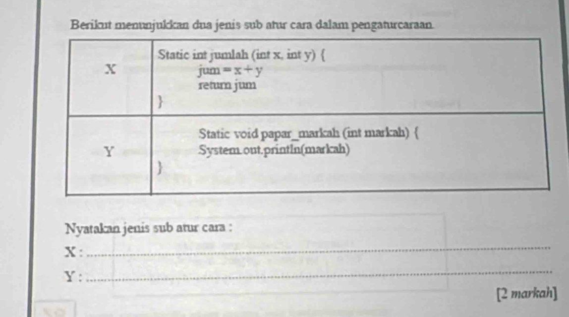 Berikut menunjukkan dua jenis sub atur cara dalam pengaturcaraan.
Nyatakan jenis sub atur cara :
X:
_
Y:
_
[2 markah]