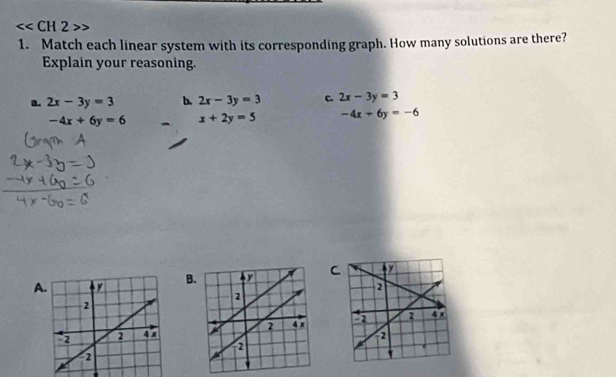 <<CH2 
1. Match each linear system with its corresponding graph. How many solutions are there?
Explain your reasoning.
 a. 2x-3y=3 b. 2x-3y=3 C 2x-3y=3
-4x+6y=6 x+2y=5
-4x+6y=-6
C
B.
A