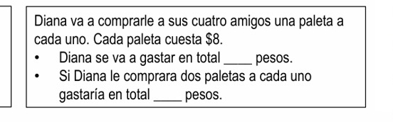 Diana va a comprarle a sus cuatro amigos una paleta a 
cada uno. Cada paleta cuesta $8. 
Diana se va a gastar en total _pesos. 
Si Diana le comprara dos paletas a cada uno 
gastaría en total _pesos.