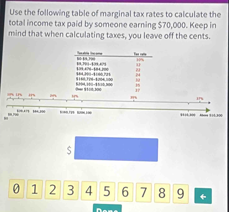 Use the following table of marginal tax rates to calculate the 
total income tax paid by someone earning $70,000. Keep in 
mind that when calculating taxes, you leave off the cents. 
Taxable income Tax rate
$0 - $9,700 10%
$9,701 - $39,475 12
$39,476 - $84,200 22
$84,201 - $160,725 24
$160,726 - $204,100 32
$204,101 - $510,300 35
Over $510,300 37
10% 12% 22% 24% 32% 35%
37%
$39,475
$9,700 $84,200 $160,725 $204,100 $510,300 Above 510,300
so 
S
0 1 2 3 4 5 6 7 8 9