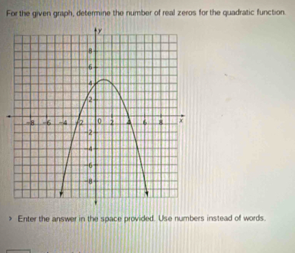 For the given graph, determine the number of real zeros for the quadratic function. 
> Enter the answer in the space provided. Use numbers instead of words.