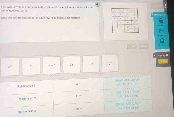 The table of values shows the output values of three different equations for the
same input values, x. 
□Reference
Drag the correct expression to each row to complete each equation. 
calculator
(x
formulas
CLEAR CHECK glossary
Language ●
x^3 3^x x+3 3x 3x^2 3sqrt(x) ENGLISH