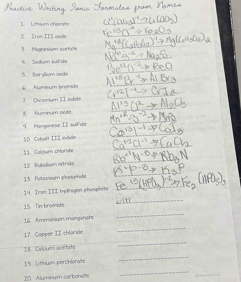 Lithium chlorate 
2. Iron III oxide 
3. Magnesium acetate 
4. Sodium sulfide 
5. Beryllium oxide 
6. Aluminum bromide 
7. Chromium II iodide 
8. Aluminum oxide 
9. Manganese II sulfide 
10. Cobalt III iodide 
11. Calcium chloride 
12. Rubidium nitride 
13. Potassium phosphide 
14. Iron III hydrogen phosphite_ 
_ 
15. Tin bromide 
_ 
16. Ammonium manganate 
_ 
17. Copper II chloride 
_ 
18. Calcium acetate 
_ 
19. Lithium perchlorate 
_ 
20. Aluminum carbonate 
_ 
2019CratyhePioncarly