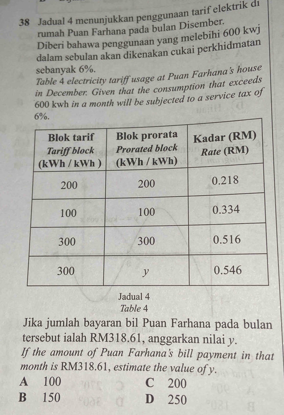 Jadual 4 menunjukkan penggunaan tarif elektrik d1
rumah Puan Farhana pada bulan Disember.
Diberi bahawa penggunaan yang melebihi 600 kwj
dalam sebulan akan dikenakan cukai perkhidmatan
sebanyak 6%.
Table 4 electricity tariffusage at Puan Farhana's house
in December. Given that the consumption that exceeds
600 kwh in a month will be subjected to a service tax of
Jadual 4
Table 4
Jika jumlah bayaran bil Puan Farhana pada bulan
tersebut ialah RM318.61, anggarkan nilai y.
If the amount of Puan Farhana's bill payment in that
month is RM318.61, estimate the value of y.
A 100 C 200
B 150 D 250