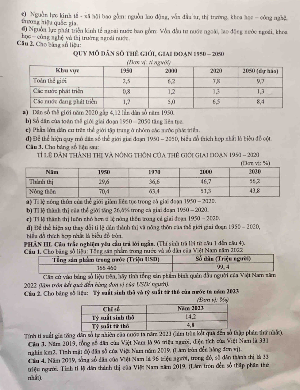 c) Nguồn lực kinh tế - xã hội bao gồm: nguồn lao động, vốn đầu tư, thị trường, khoa học - công nghệ,
thương hiệu quốc gia.
d) Nguồn lực phát triển kinh tế ngoài nước bao gồm: Vốn đầu tư nước ngoài, lao động nước ngoài, khoa
học - công nghệ và thị trường ngoài nước.
Câu 2. Cho bảng số liệu:
Quy mô dân số thẻ giới, giai đoạn 1950 - 2050
a) Dân số thế giới năm 2020 gấp 4,12 lần dân số năm 1950.
b) Số dân của toàn thế giới giai đoạn 1950 - 2050 tăng liên tục.
c) Phần lớn dân cư trên thế giới tập trung ở nhóm các nước phát triển.
d) Để thể hiện quy mô dân số thể giới giai đoạn 1950 - 2050, biểu đồ thích hợp nhất là biểu đồ cột.
Câu 3. Cho bảng số liệu sau:
Tỉ lệ DÂN tHàNh tHị và nÔnG tHÔN CủA tHẻ GIớI GIAI đOẠn 1950 - 2020
a) Tỉ lệ nông thôn của thế giới giảm liên tục trong cả giai đoạn 1950 - 2020.
b) Ti lệ thành thị của thế giới tăng 26,6% trong cả giai đoạn 1950 - 2020.
c) Tỉ lệ thành thị luôn nhỏ hơn tỉ lệ nông thôn trong cả giai đoạn 1950 - 2020.
d) Để thể hiện sự thay đổi tỉ lệ dân thành thị và nông thôn của thế giới giai đoạn 1950 - 2020,
biểu đồ thích hợp nhất là biểu đồ tròn.
PHÀN III. Câu trắc nghiệm yêu cầu trả lời ngắn. (Thí sinh trả lời từ câu 1 đến câu 4).
Câu 1. Cho bảng số liệu: Tổng sản phẩm trong nước và số dân của Việt Nam năm 2022
Căn cứ vào bảng số liệu trên, hãy tính tổng sản phẩm bình quân đầu người của V
2022 (làm tròn kết quả đến hàng đơn vị của USD/ người).
Câu 2. Cho bảng số liệu: Tỷ suất sinh thô và tỷ suất tử thô của nước ta năm 2023
(Đơn vị: %)
Tính tỉ suất gia tăng dân số tự nhiên của nước ta năm 2023 (làm tròn kết quả đến sốp phân thứ nhất).
Câu 3. Năm 2019, tổng số dân của Việt Nam là 96 triệu người, diện tích của Việt Nam là 331
nghìn km2. Tính mật độ dân số của Việt Nam năm 2019. (Làm tròn đến hàng đơn vị).
Câu 4. Năm 2019, tổng số dân của Việt Nam là 96 triệu người, trong đó, số dân thành thị là 33
triệu người. Tính tỉ lệ dân thành thị của Việt Nam năm 2019. (Làm tròn đến số thập phân thứ
nhất).