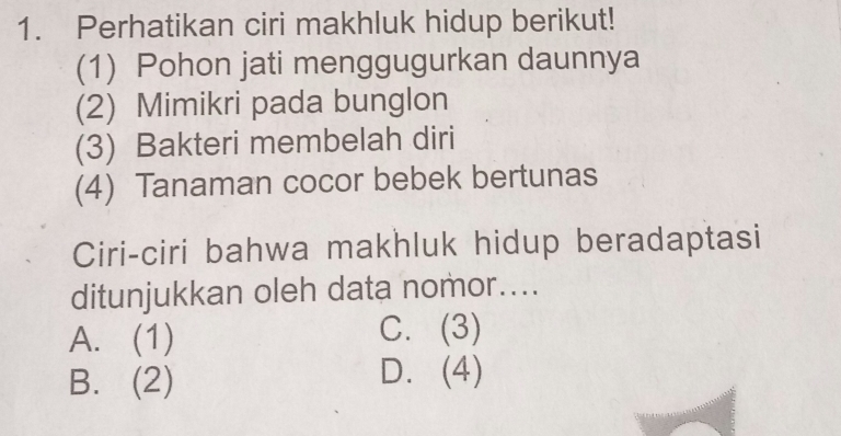 Perhatikan ciri makhluk hidup berikut!
(1) Pohon jati menggugurkan daunnya
(2) Mimikri pada bunglon
(3) Bakteri membelah diri
(4) Tanaman cocor bebek bertunas
Ciri-ciri bahwa makhluk hidup beradaptasi
ditunjukkan oleh data nomor....
A. (1)
C. (3)
B. (2)
D. (4)