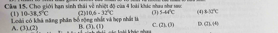 Cho giới hạn sinh thái về nhiệt độ của 4 loài khác nhau như sau:
(1) 10-38,5°C (2) 10,6-32°C (3) 5-44°C (4) 8-32°C
Loài có khả năng phân bố rộng nhất và hẹp nhất là
A. (3),(2) B. (3), (1) C. (2), (3) D. (2), (4)
c o i khác nhau