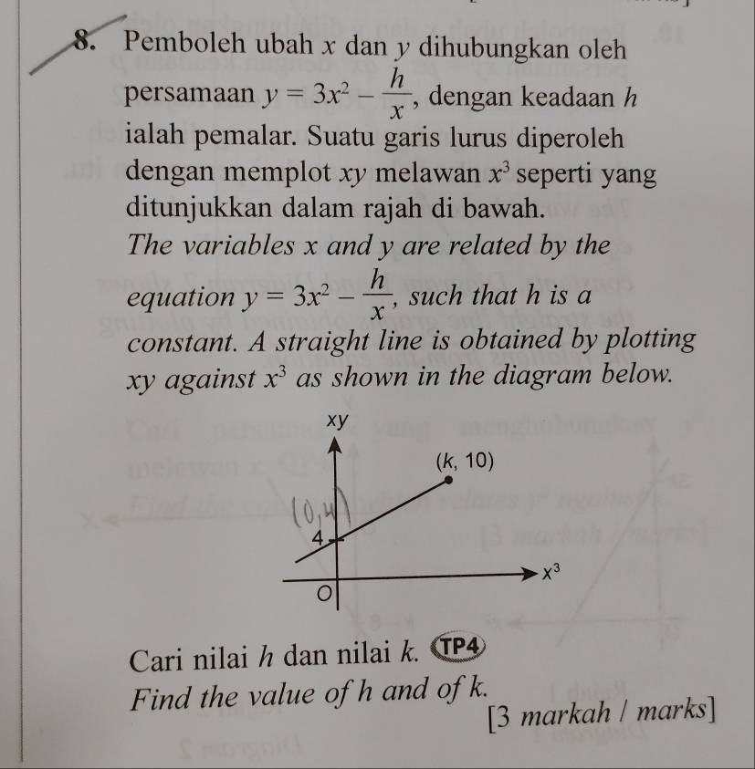 Pemboleh ubah x dan y dihubungkan oleh
persamaan y=3x^2- h/x  , dengan keadaan h
ialah pemalar. Suatu garis lurus diperoleh
dengan memplot xy melawan x^3 seperti yang
ditunjukkan dalam rajah di bawah.
The variables x and y are related by the
equation y=3x^2- h/x  , such that h is a
constant. A straight line is obtained by plotting
xy against x^3 as shown in the diagram below.
Cari nilai h dan nilai k. TP4
Find the value of h and of k.
[3 markah / marks]