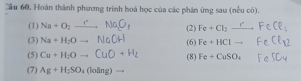 Cầu 60. Hoàn thành phương trình hoá học của các phản ứng sau (nếu có). 
(1) Na+O_2to Na_2O_3 Fe+Cl_2xrightarrow 1°FeCl_2 
(2) 
(3) Na+H_2Oto NaOH (6) Fe+HClto FeCl_32
(5) Cu+H_2Oto CuO+H_2 (8) Fe+CuSO_4 □  FeSCu
(7) Ag+H_2SO_4(loang)to