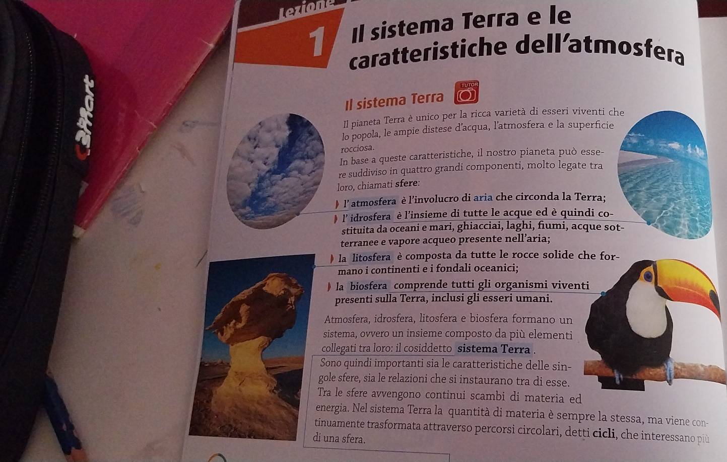 Lezione 
Il sistema Terra e le 
caratteristiche dell’atmosfera 
Il sistema Terra 
Il pianeta Terra è unico per la ricca varietà di esseri viventi che 
lo popola, le ampie distese d’acqua, l’atmosfera e la superficie 
rocciosa. 
In base a queste caratteristiche, il nostro pianeta può esse- 
re suddiviso in quattro grandi componenti, molto legate tra 
loro, chiamati sfere: 
》 l' atmosfera è l’involucro di aria che circonda la Terra; 
) lidrosfera è l’insieme di tutte le acque ed è quindi co- 
stituita da oceani e mari, ghiacciai, laghi, fiumi, acque sot- 
terranee e vapore acqueo presente nell’aria; 
) la litosfera è composta da tutte le rocce solide 
mano i continenti e i fondali oceanici; 
la biosfera comprende tutti gli organismi vive 
presenti sulla Terra, inclusi gli esseri umani. 
Atmosfera, idrosfera, litosfera e biosfera formano un 
sistema, ovvero un insieme composto da più elementi 
collegati tra loro: il cosiddetto sistema Terra . 
Sono quindi importanti sia le caratteristiche delle sin- 
gole sfere, sia le relazioni che si instaurano tra di esse. 
Tra le sfere avvengono continui scambi di materia e 
energia. Nel sistema Terra la quantità di materia è sempre la stessa, ma viene con- 
tinuamente trasformata attraverso percorsi circolari, detti cicli, che interessano più 
di una sfera.